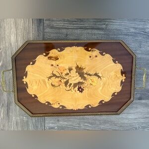 Vintage Italian marquetry inlaid wood serving tray with brass trim and handles.